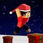 サンタ帽をかぶったブロック状のキャラクターが、雪の中でプレゼントの上をジャンプしている。