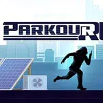 シルエットが描かれたランナーが都市の屋上を背景に走っている様子。