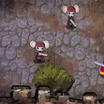 石畳の道に、剣を持つネズミの戦士たちと赤いマントを着たキャラクターが立っている。