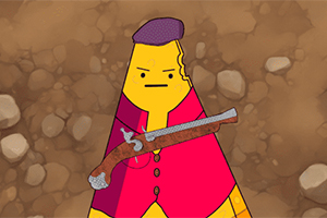 黄色のキャラクターが赤い服を着て、銃を持っている。