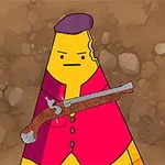 黄色のキャラクターが赤い服を着て、銃を持っている。