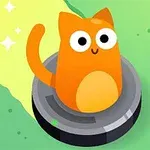 オレンジ色の猫がロボット掃除機に乗っているイラスト。
