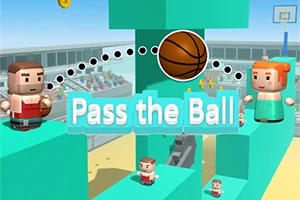 ブロックスタイルのキャラクターがバスケットボールを投げ合う様子と「Pass the Ball」のテキスト。