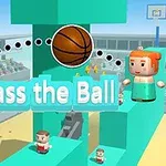 ブロックスタイルのキャラクターがバスケットボールを投げ合う様子と「Pass the Ball」のテキスト。
