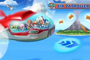 飛行機の中でキャラクターたちが空を飛んでいる姿と、背景に火山と雲が描かれているイラスト。