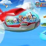 飛行機の中でキャラクターたちが空を飛んでいる姿と、背景に火山と雲が描かれているイラスト。