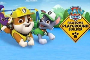 黄色いヘルメットをかぶった犬と緑色の帽子をかぶった犬がプレイグラウンドで遊んでいるイラスト。