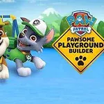 黄色いヘルメットをかぶった犬と緑色の帽子をかぶった犬がプレイグラウンドで遊んでいるイラスト。