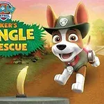 ジャングルの背景に緑の帽子をかぶった犬が走っている。