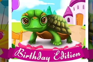 緑色の可愛いカメが誕生日テーマで飾られた背景に立っているイラスト。