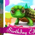 緑色の可愛いカメが誕生日テーマで飾られた背景に立っているイラスト。