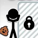 棒人間がトイレの鍵付きドアの前で困っているイラスト。