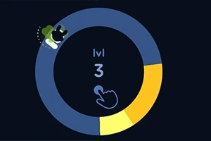 ダーク背景に青と黄色の円形ゲージ、中央に「lvl 3」と指を示すアイコン。