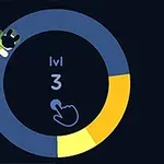 ダーク背景に青と黄色の円形ゲージ、中央に「lvl 3」と指を示すアイコン。