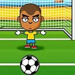 サッカーゴールの前に立つアニメ風のゴールキーパーと手前にあるサッカーボール。