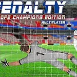 サッカースタジアムでゴールキーパーがペナルティキックを阻止しようとするシーン。