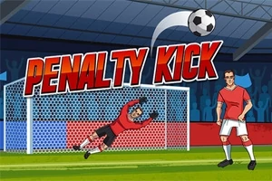 サッカーのペナルティキックシーンで、ゴールキーパーがシュートを止めようとジャンプしている様子。