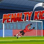 サッカーのペナルティキックシーンで、ゴールキーパーがシュートを止めようとジャンプしている様子。