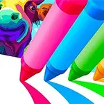 カラフルな牛の絵とピンク、青、緑、黄色のクレヨンで描かれた線があるイラスト。