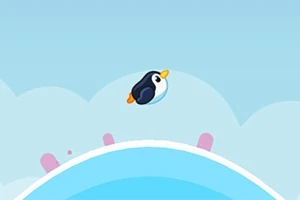 空を背景に小さなペンギンがジャンプしているイラスト。