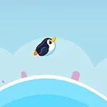 空を背景に小さなペンギンがジャンプしているイラスト。