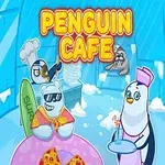 ペンギンとシロクマが氷のカフェに座っていて、ペンギンのウェイトレスが料理を運んでいる。