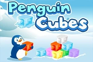 青い空を背景に、ペンギンがカラフルな氷のキューブを持っているイラスト。