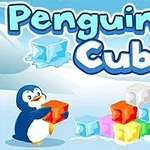 青い空を背景に、ペンギンがカラフルな氷のキューブを持っているイラスト。
