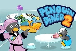 ピンクの制服を着たペンギンが料理を運んでいる様子と「PENGUIN DINER 2」というタイトルのイラスト。
