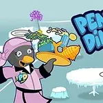 ピンクの制服を着たペンギンが料理を運んでいる様子と「PENGUIN DINER 2」というタイトルのイラスト。