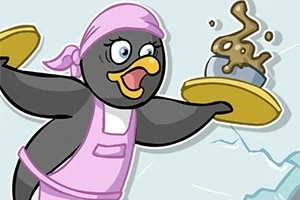 ピンクのエプロンを着たペンギンが、料理の盛られた皿を持っている。