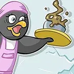 ピンクのエプロンを着たペンギンが、料理の盛られた皿を持っている。