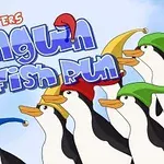 青空の下で帽子をかぶったペンギンたちが行進しているイラスト。