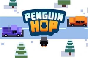 ペンギンが道路を横断しようとしているシンプルなドット絵のデザイン。