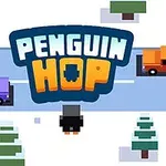 ペンギンが道路を横断しようとしているシンプルなドット絵のデザイン。