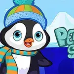 青い帽子とマフラーをしたペンギンが氷山を背景に描かれている画像。