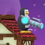 ペンギンが青い光の出る銃を持ち、建物の屋根の上に立っている。