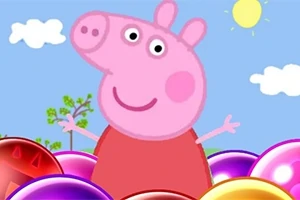 青空の下でカラフルなシャボン玉に囲まれたピンク色のキャラクター。