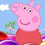 青空の下でカラフルなシャボン玉に囲まれたピンク色のキャラクター。