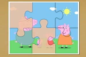 パズルのピースが組み合わさり、青い空と太陽の下に立つ動物の家族が描かれています。