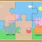 パズルのピースが組み合わさり、青い空と太陽の下に立つ動物の家族が描かれています。
