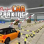 駐車場の入り口にオレンジ色の車が停まっており、背景には赤と青の車が見える。