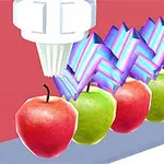 赤と緑のリンゴがベルトコンベアに並び、その上に白いノズルとカラフルな稲妻模様のオブジェクトがある。