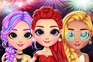 3人のキャラクターがそれぞれ異なる髪型と色のドレスを着て、背景に花火が広がる。