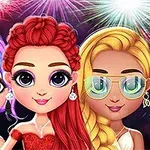 3人のキャラクターがそれぞれ異なる髪型と色のドレスを着て、背景に花火が広がる。