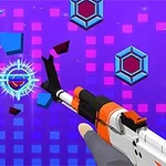 紫色の背景に、白とオレンジの銃を持った手と、弾ける青い多角形のターゲット。