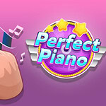 ピンク色の背景に、「Perfect Piano」と書かれた紫色の円形ロゴがあり、星とハートが配置されています。