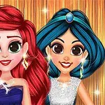赤い髪のキャラクターと青い髪のキャラクターがドレスを着て並んで笑っているイラスト。