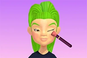 緑色の髪のキャラクターが、化粧ブラシで頬にメイクをしている。