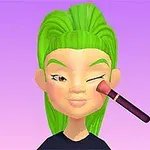 緑色の髪のキャラクターが、化粧ブラシで頬にメイクをしている。